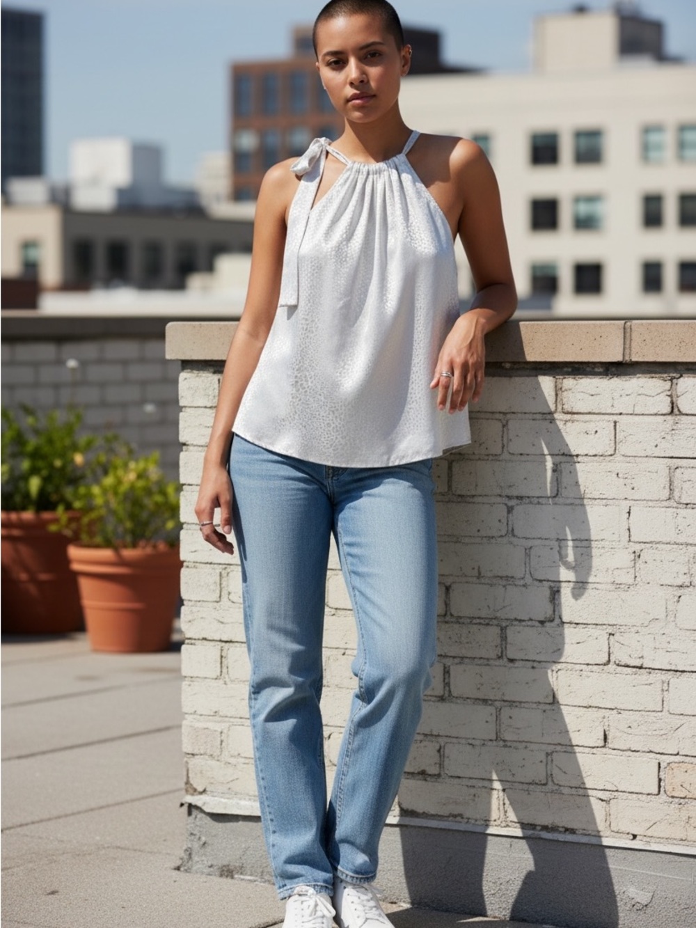 Sleeveless White Halter Tie-Shoulder Tank Top